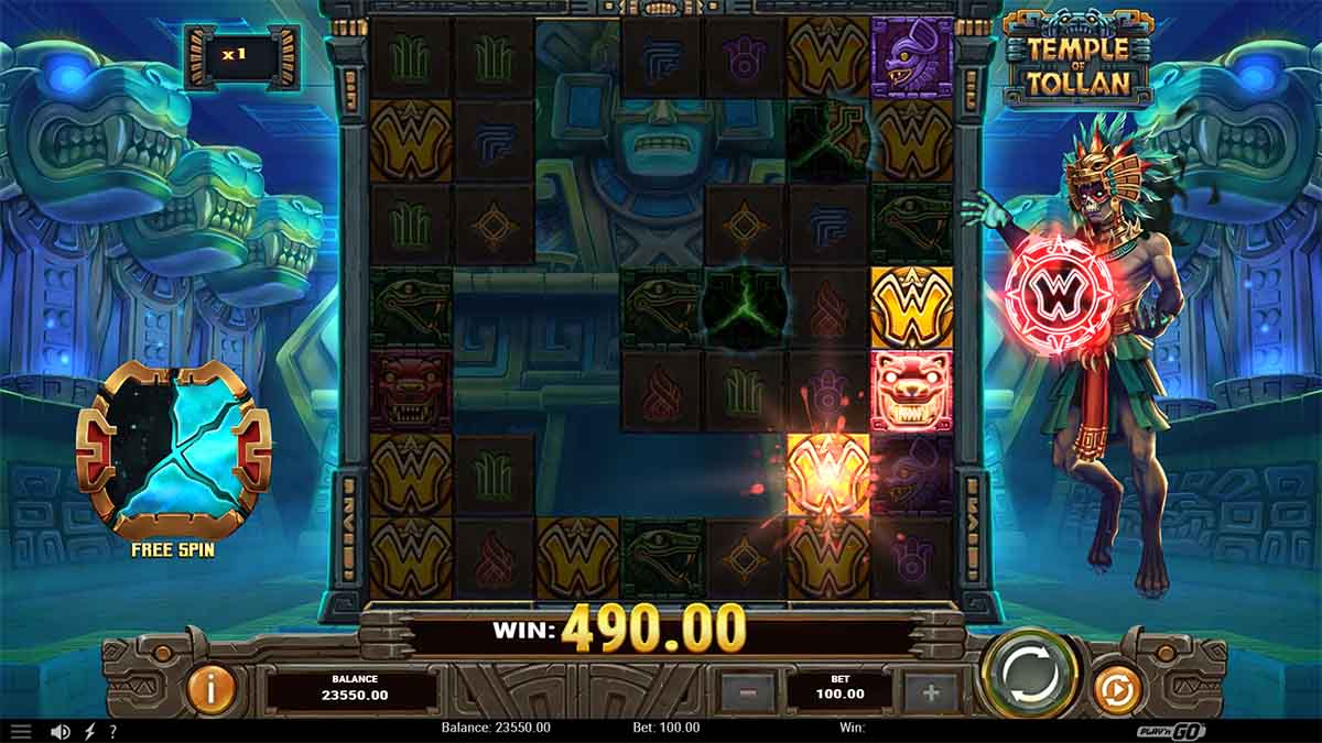 Temple of Tollan slot by Play'n GO, showcasing a 490.00 win