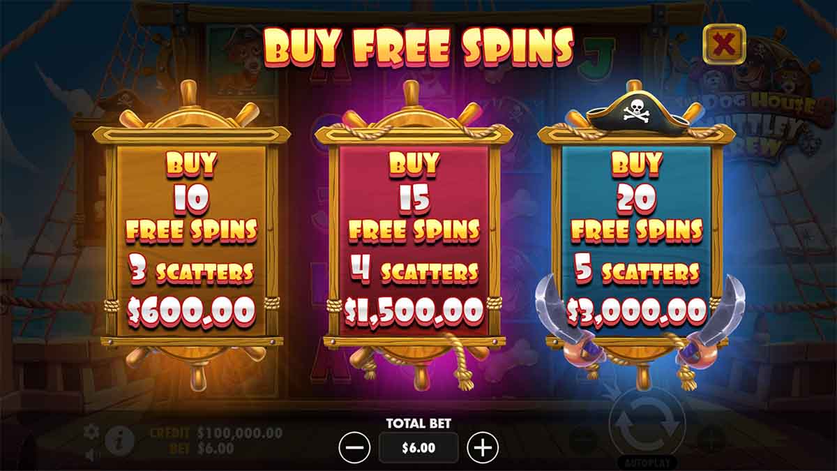 Check out the buy free spins feature in The Dog House Muttley Crew by Pragmatic Play