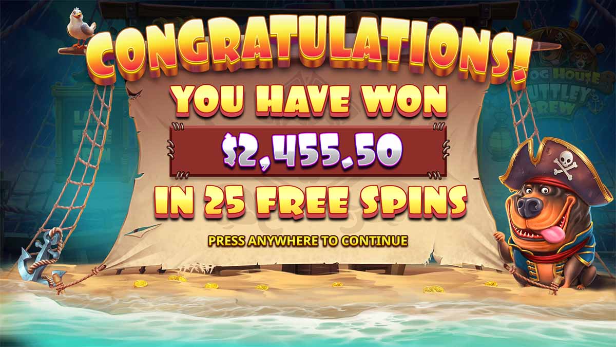 Behold the total win of $2,455 in 25 free spins in Pragmatic Play's The Dog House Muttley Crew