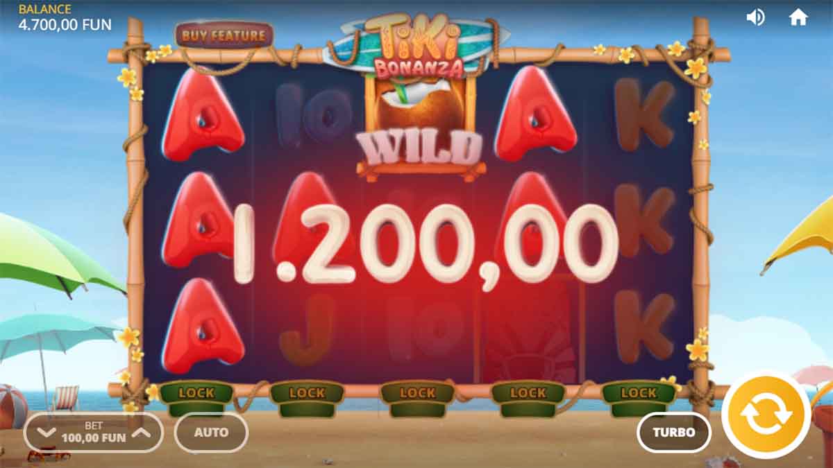 View of the Tiki Bonanza slot game by Silverback Gaming with a 1,200 Win