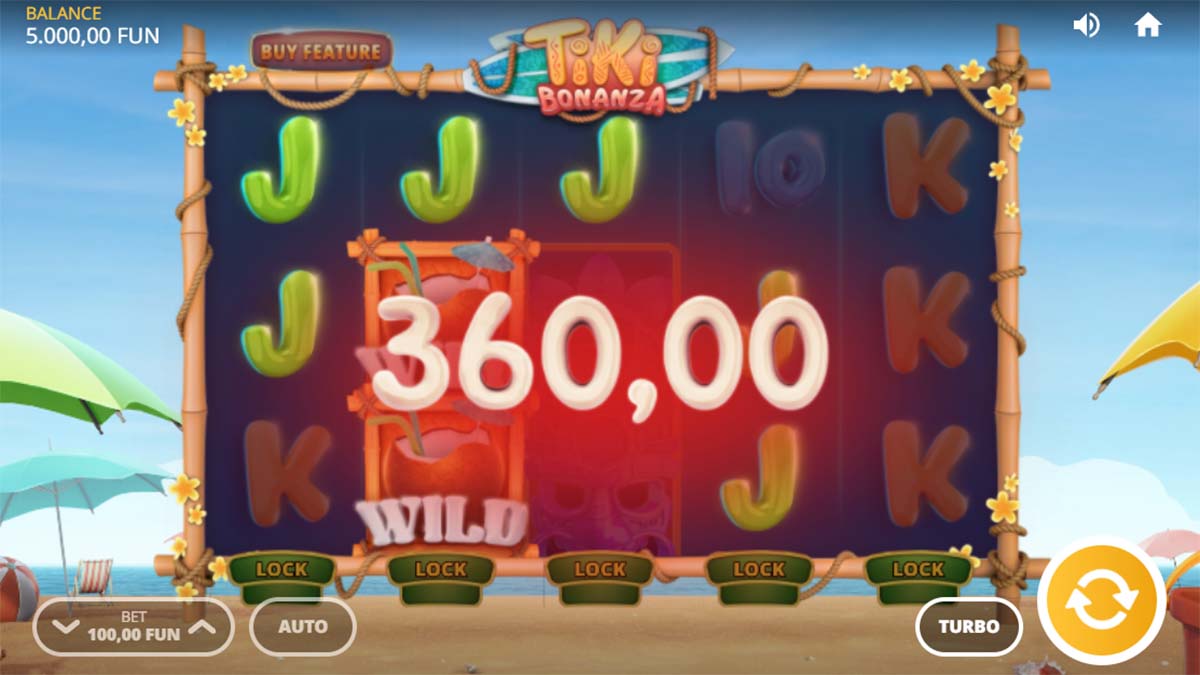 View of the Tiki Bonanza slot game by Silverback Gaming displaying a 360.00 Win