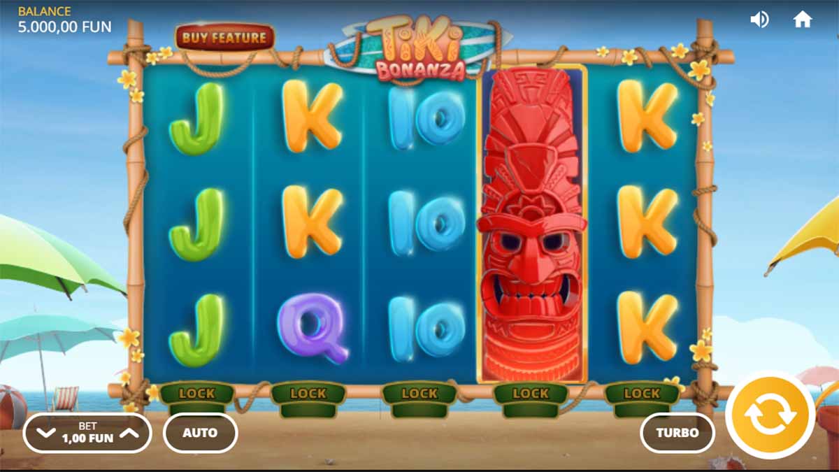 View of the Tiki Bonanza slot game by Silverback Gaming during Base Game play