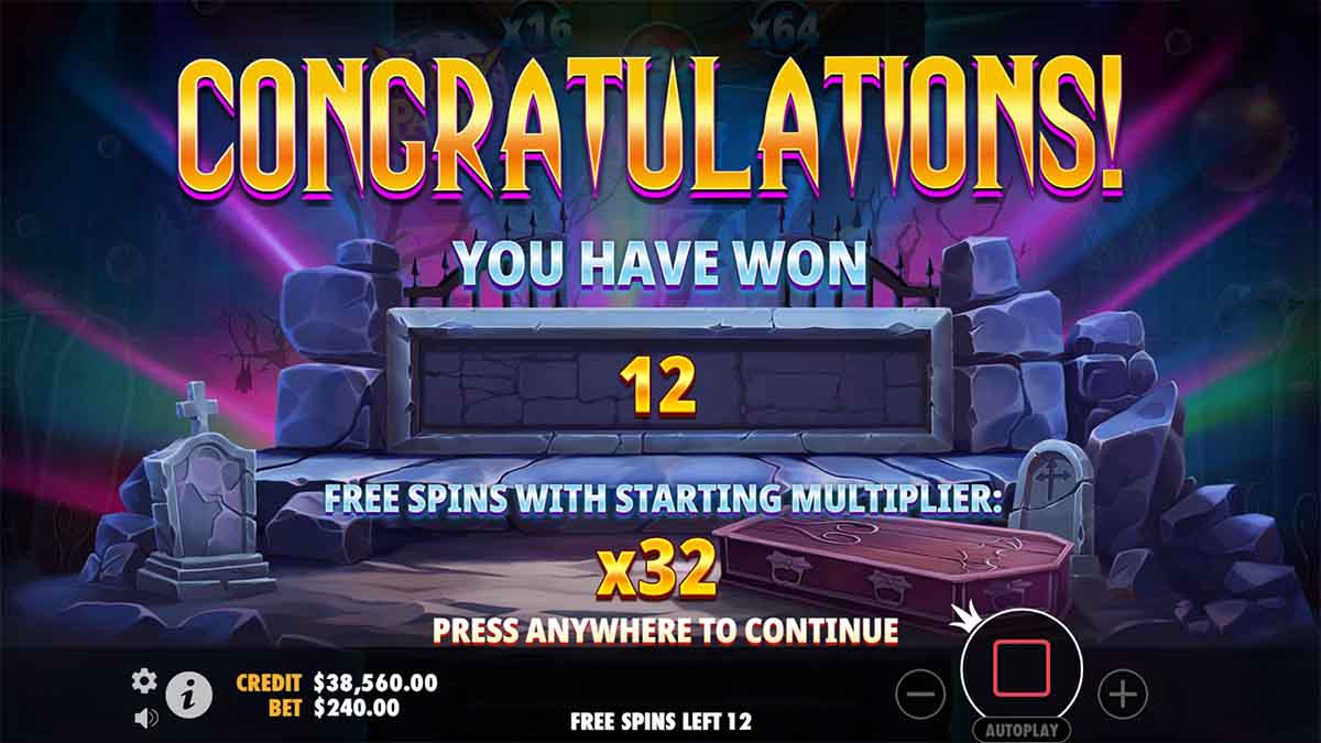 Vampy Party slot by Pragmatic Play, highlighting a 12 Free Spins round