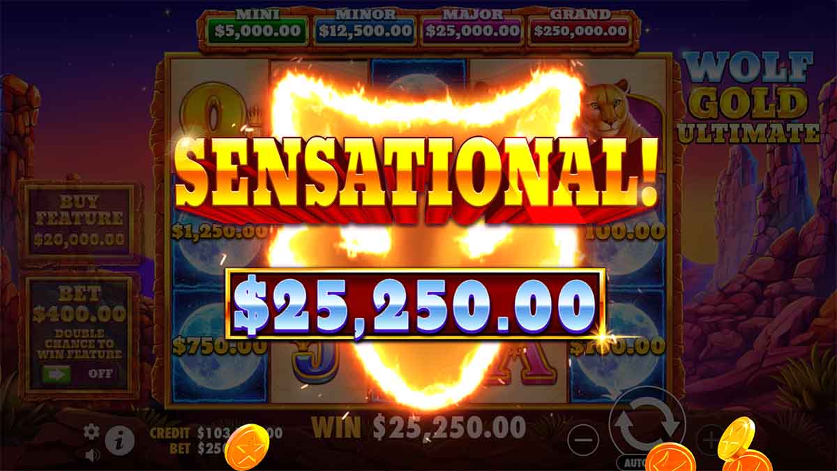 Wolf Gold Ultimate slot game by Pragmatic Play, showcasing Total Earnings of 25,250.00