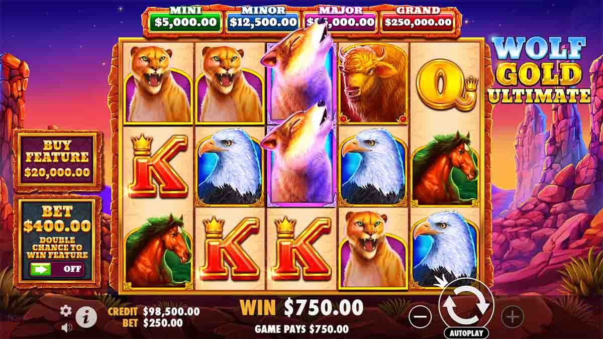 Wolf Gold Ultimate slot game by Pragmatic Play, displaying a Victory of 750.00